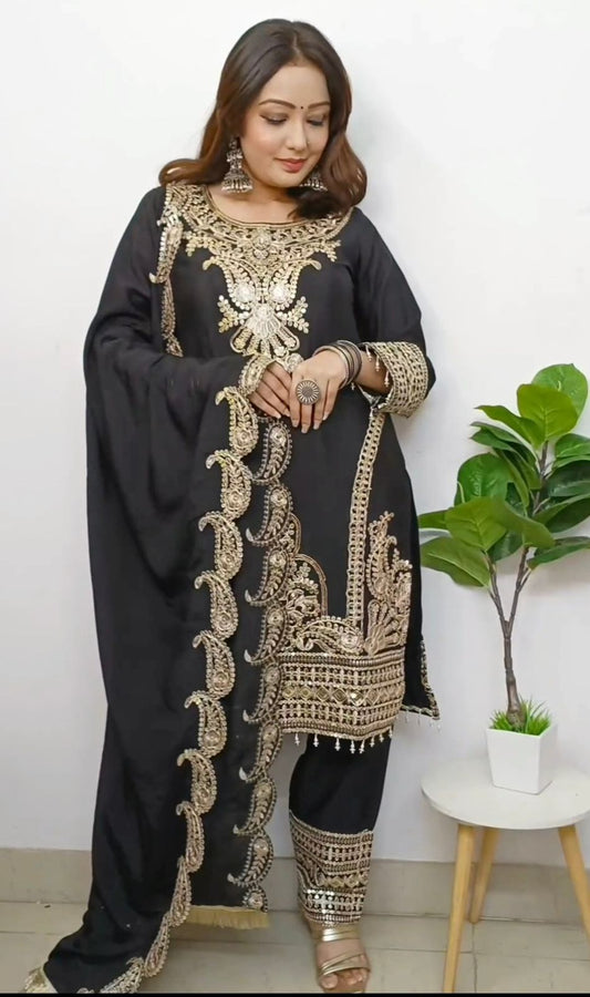 Outstanding Embroidery Work Black Color Anarkali Suit