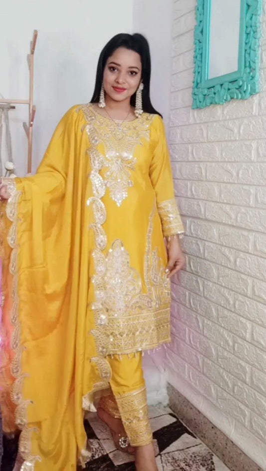 Outstanding Embroidery Work Yellow Color Anarkali Suit