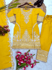 Outstanding Embroidery Work Yellow Color Anarkali Suit