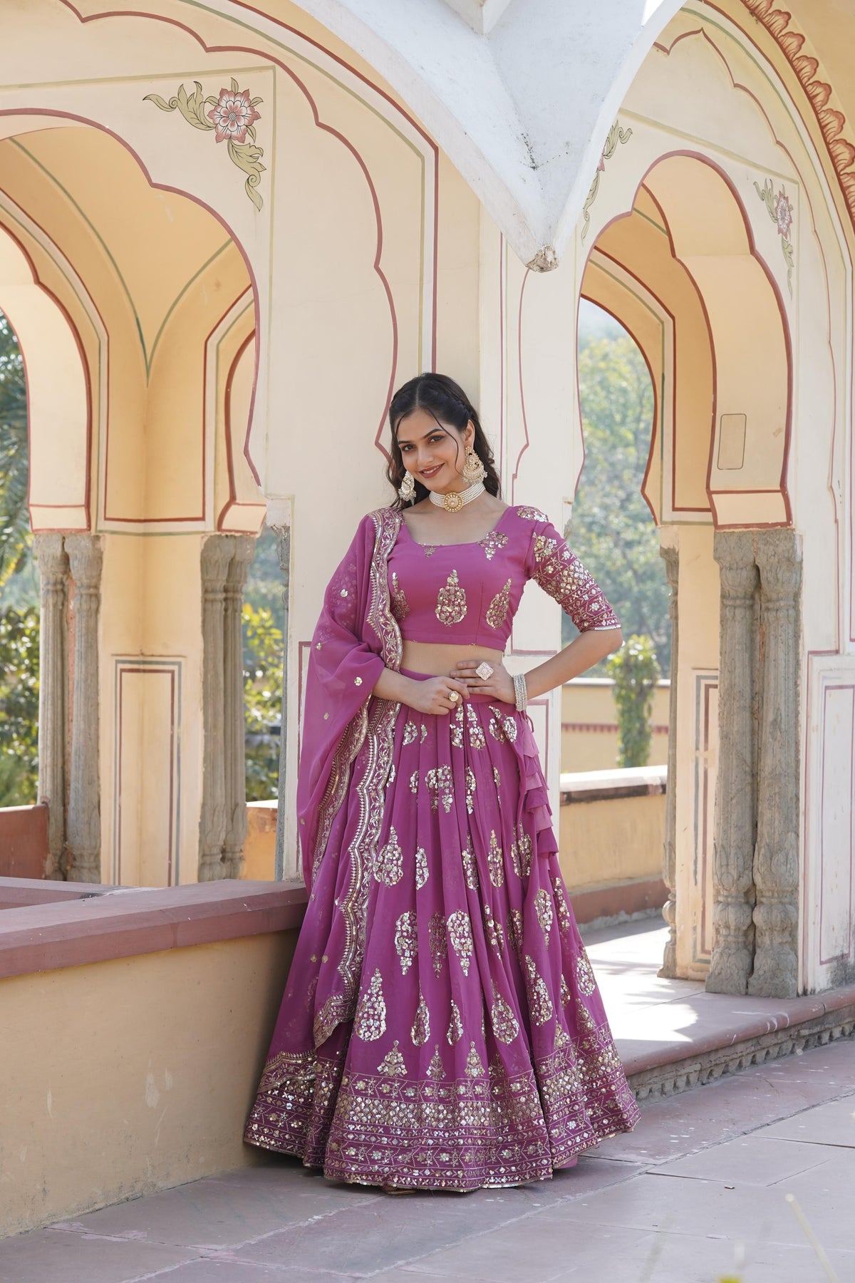 Mesmerizing Embroidered Sequins Work Pink Color Lehenga Choli