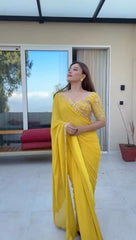 Embellished Thread Sequence Work Yellow Color Saree