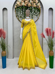 Embellished Thread Sequence Work Yellow Color Saree