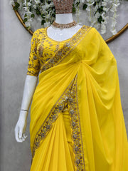 Embellished Thread Sequence Work Yellow Color Saree