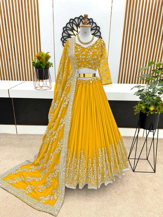 Captivating Embroidery Sequence Work Yellow Color Lehenga Choli