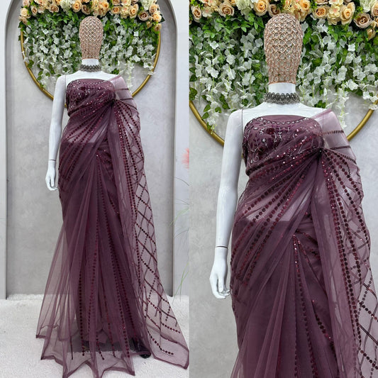 Presenting Sequence Work Brown Color Saree