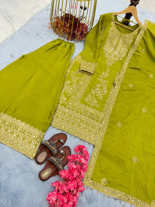 Captivating Sequence Work Green Color Palazzo Suit