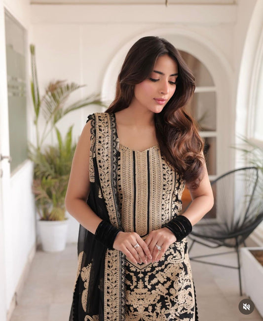 Charming Embroidery Work Black Color Sharara Suit