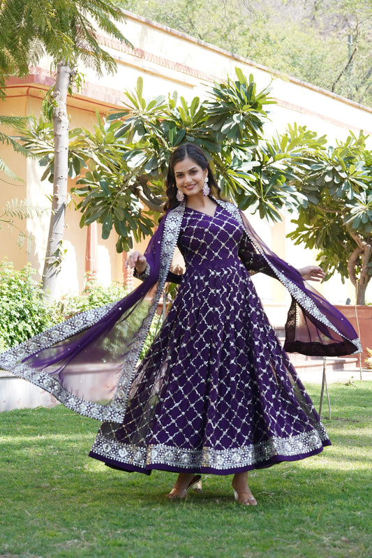 Captivating Sequins Embroidered Work Blue Color Gown