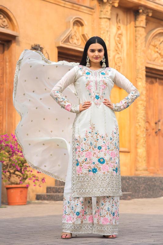 Glimmering Embroidery Sequence Work White Color Anarkali Suit