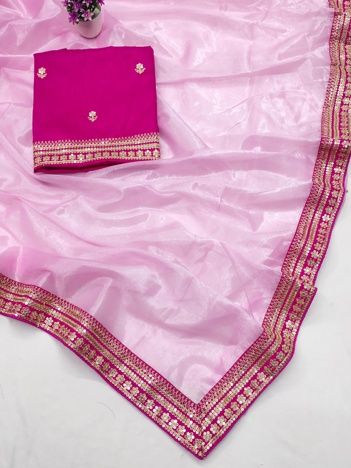 Demanding Embroidery Work Pink Color Saree