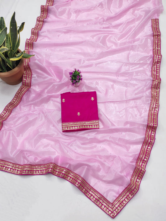 Demanding Embroidery Work Pink Color Saree