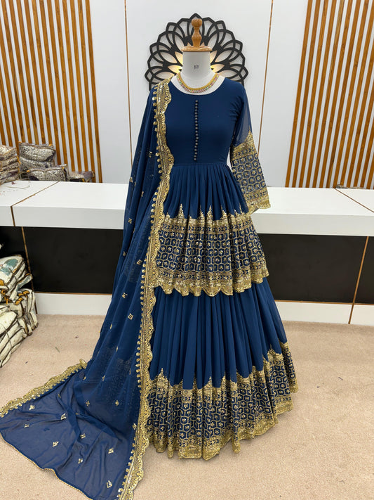 Mesmerizing Embroidery Sequence Work Blue Color Top With Lehenga