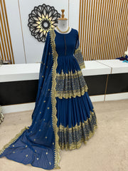 Mesmerizing Embroidery Sequence Work Blue Color Top With Lehenga