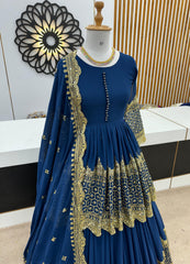 Mesmerizing Embroidery Sequence Work Blue Color Top With Lehenga