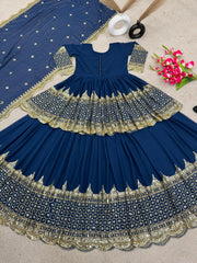 Mesmerizing Embroidery Sequence Work Blue Color Top With Lehenga