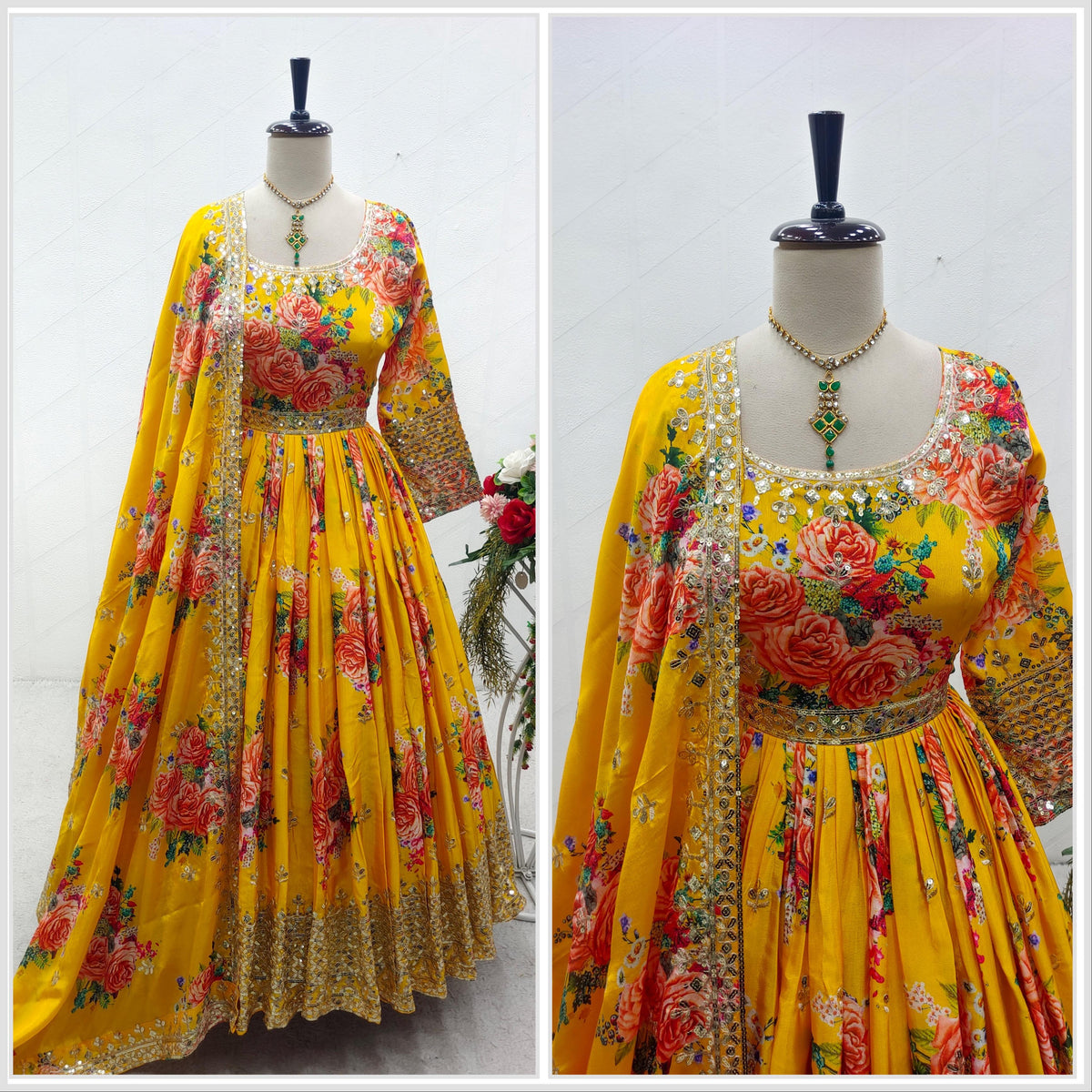 Precious Sequence Embroidery Work Yellow Color Gown