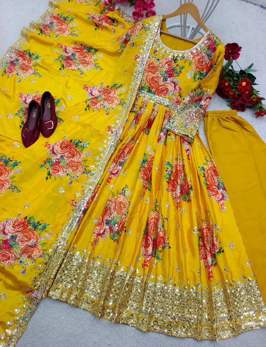 Precious Sequence Embroidery Work Yellow Color Gown