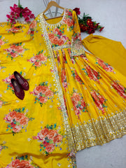 Precious Sequence Embroidery Work Yellow Color Gown