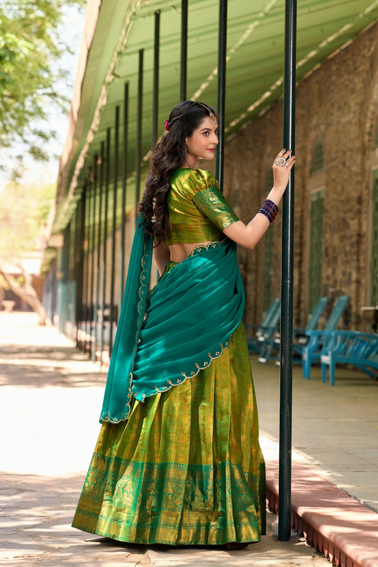 Designer Zari Weaving Work Green Color Lehenga Choli