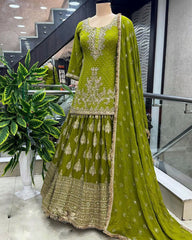 Presenting Embroidery Sequence Work Perrot Color Top With Lehenga