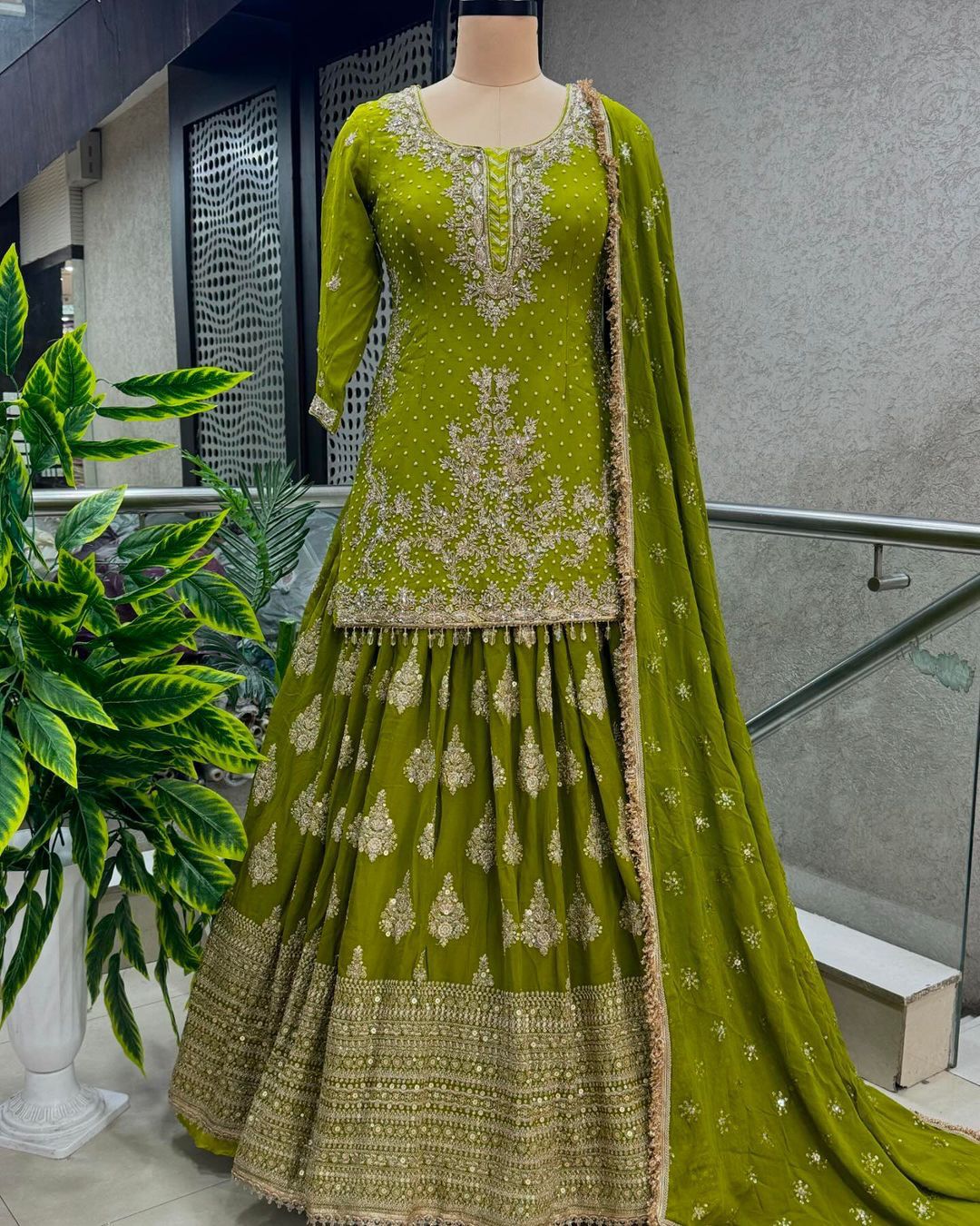 Presenting Embroidery Sequence Work Perrot Color Top With Lehenga