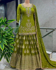 Presenting Embroidery Sequence Work Perrot Color Top With Lehenga