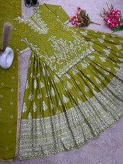 Presenting Embroidery Sequence Work Perrot Color Top With Lehenga