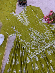 Presenting Embroidery Sequence Work Perrot Color Top With Lehenga