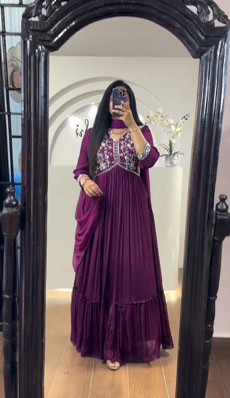 Charming Embroidered Work Purple Color Gown