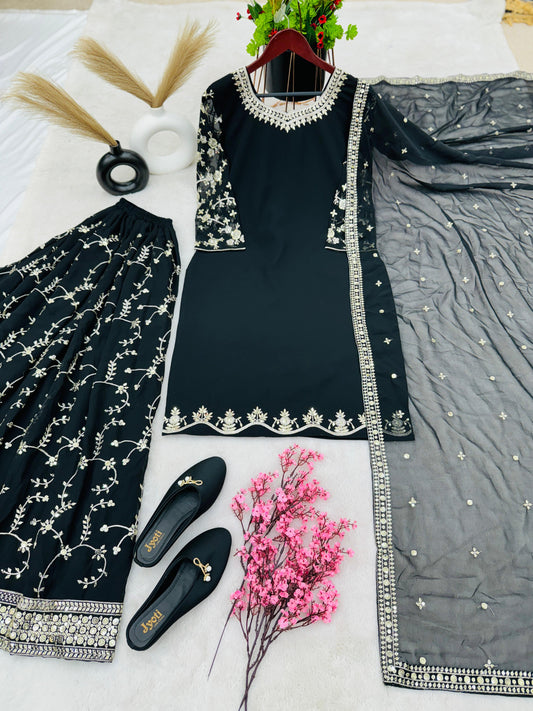 Fantastic Embroidery Sequence Work Black Color Top With Plazzo Suit