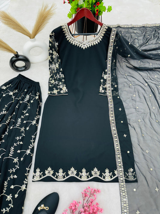 Fantastic Embroidery Sequence Work Black Color Top With Plazzo Suit