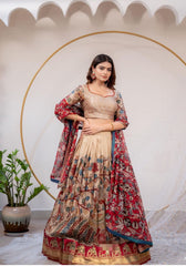 Elegant Kalamkari Print Cream Color Lehenga Choli