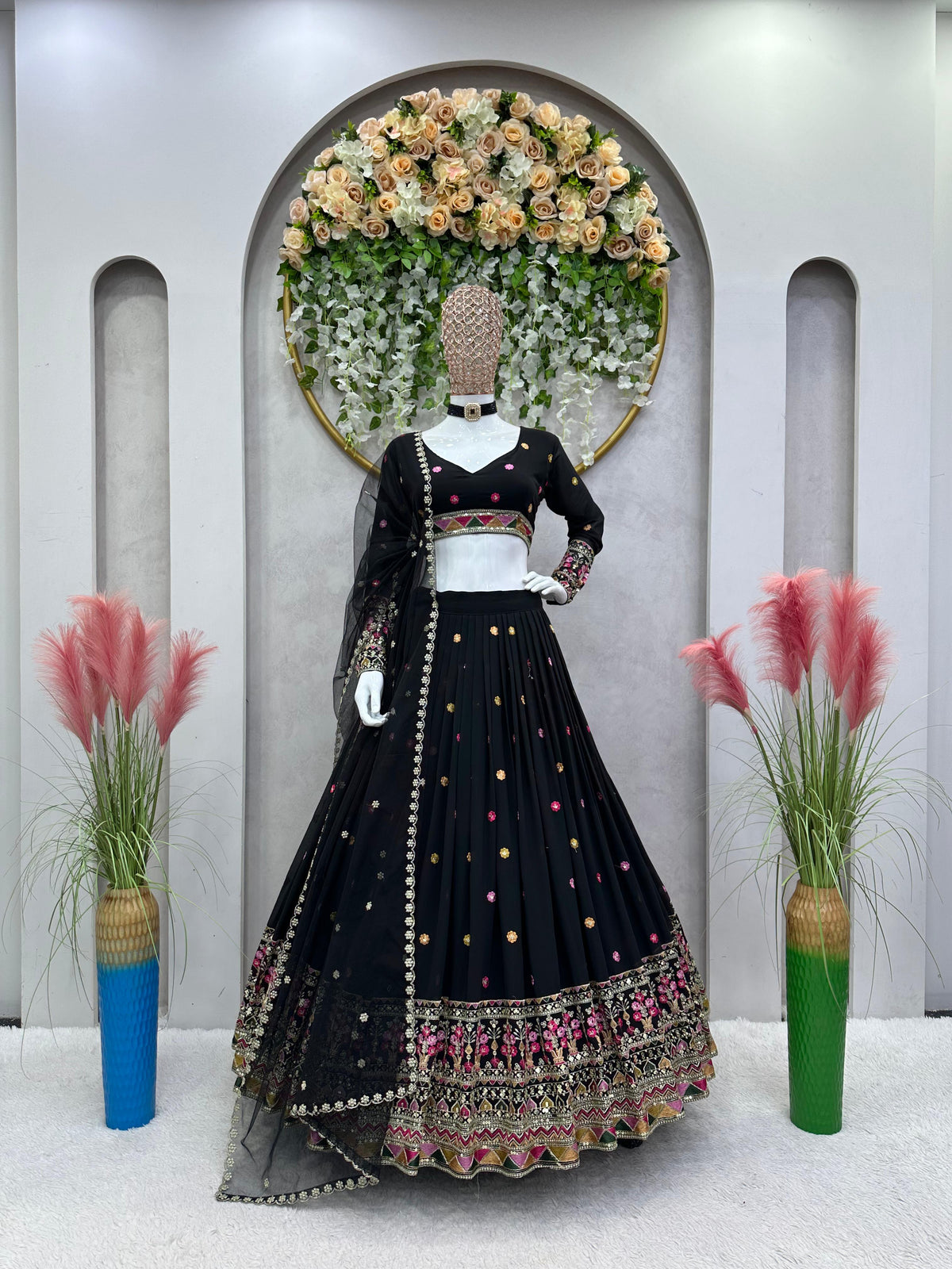 Wonderful Thread Sequence Work Black Color Lehenga Choli