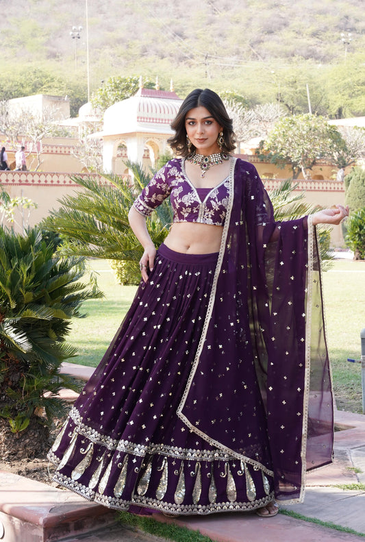 Glorious Sequence Work Wine Color Lehenga Choli