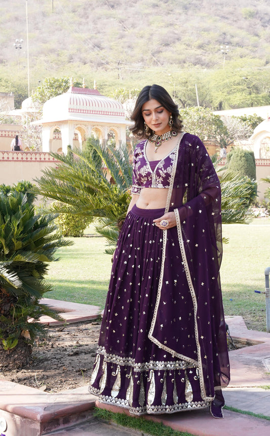 Glorious Sequence Work Wine Color Lehenga Choli