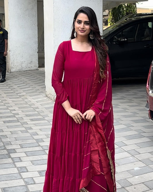 Fabulous Dark Pink Color Ruffle Gown With Work Dupatta