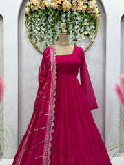 Fabulous Dark Pink Color Ruffle Gown With Work Dupatta