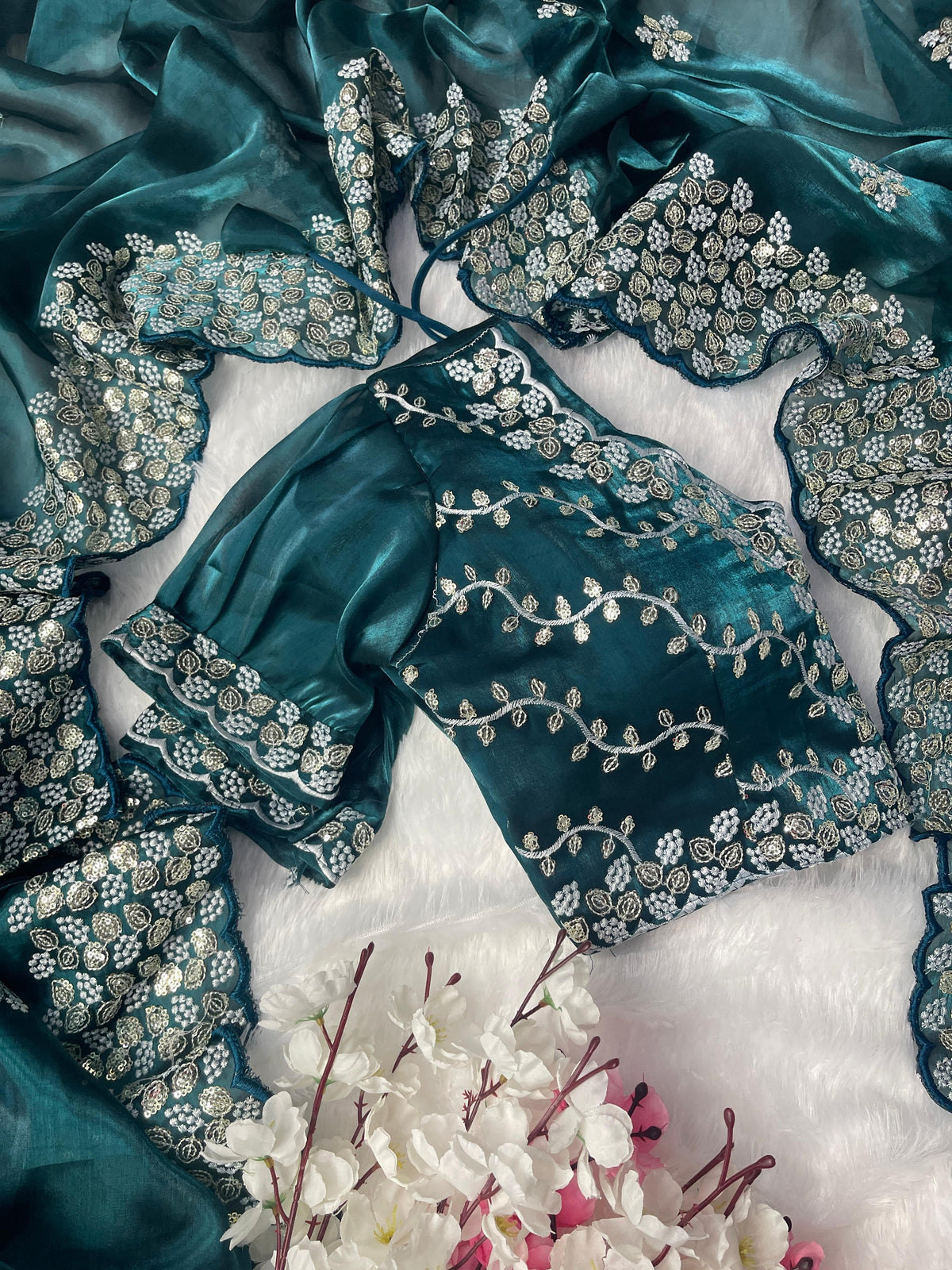 Eyes Catching Embroidery Work Teal Color Saree