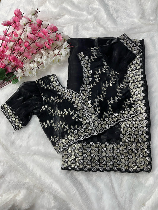 Eyes Catching Embroidery Work Black Color Saree