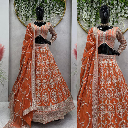 Heavy Work Orange Color Bridal Wear Lehenga Choli