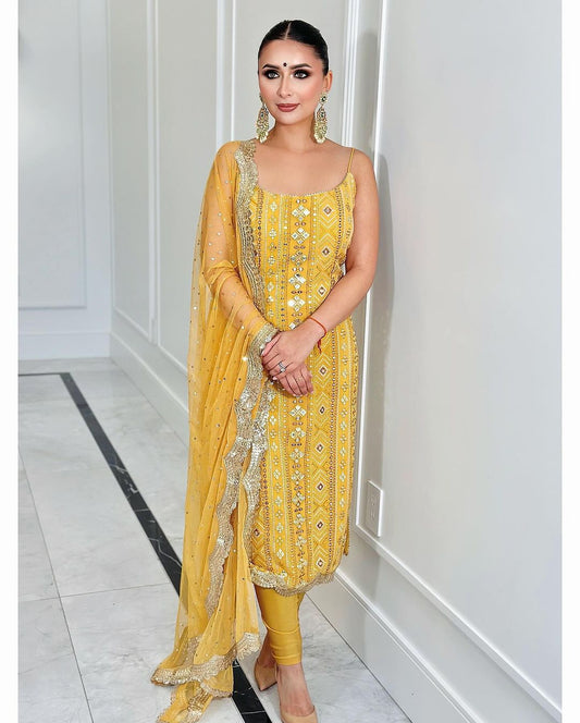 Marvelous Embroidery Work Yellow Color Anarkali Suit