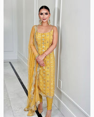 Marvelous Embroidery Work Yellow Color Anarkali Suit