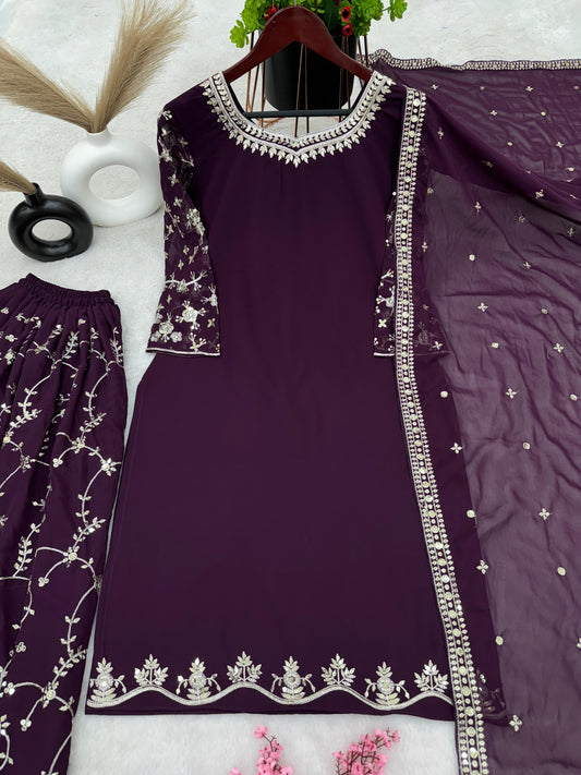 Fantastic Embroidery Sequence Work Purple Color Top With Plazzo Suit