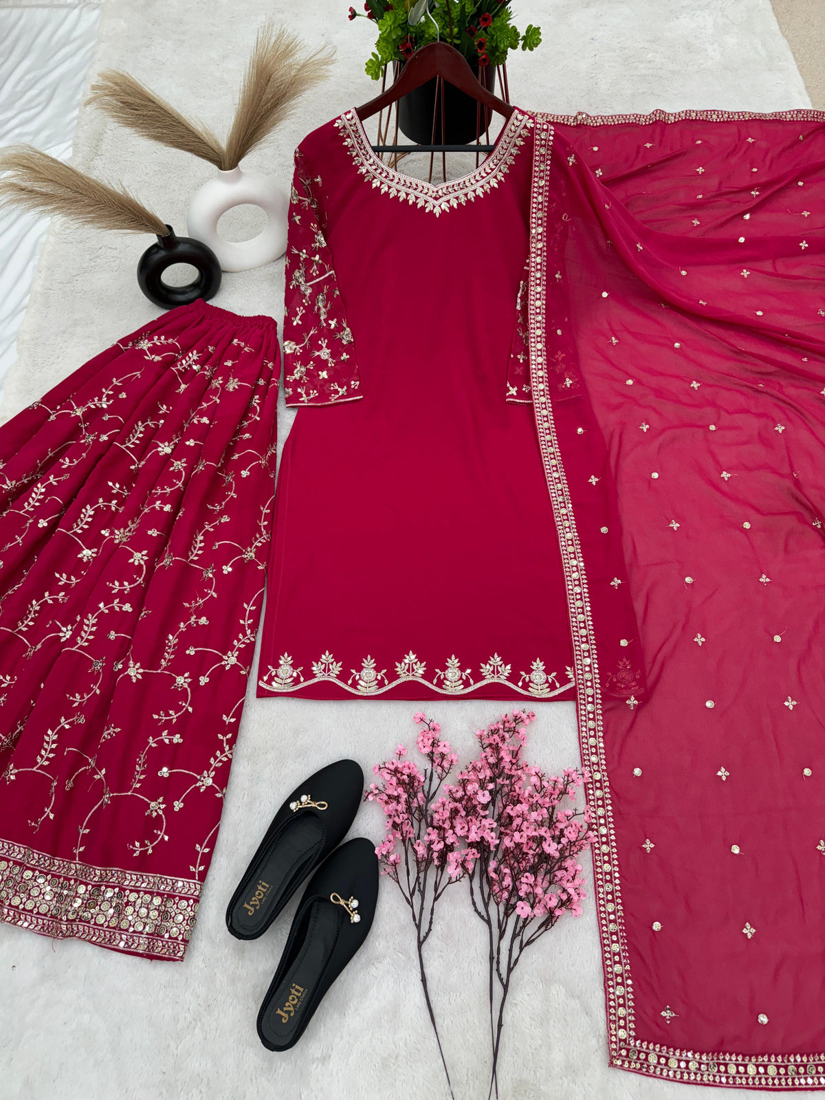 Fantastic Embroidery Sequence Work Pink Color Top With Plazzo Suit