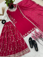 Fantastic Embroidery Sequence Work Pink Color Top With Plazzo Suit