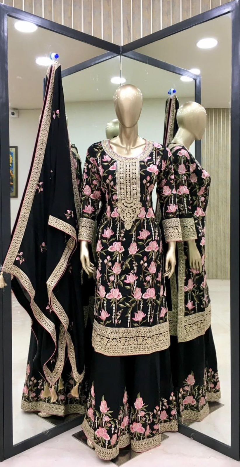 Graceful Embroidery Work Black Color Sharara Suit