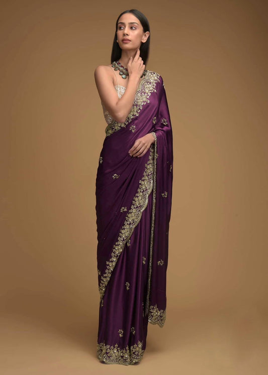 Glimmering Embroidery Work Wine Color Saree