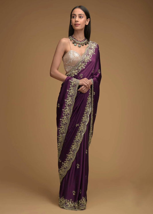 Glimmering Embroidery Work Wine Color Saree