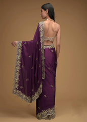 Glimmering Embroidery Work Wine Color Saree