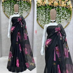 Embellished Digital Print Black Color Saree